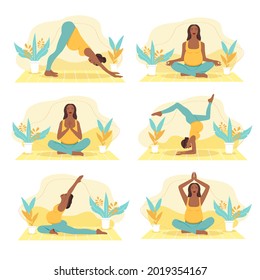 Pregnant  woman doing yoga. Prenatal,  pregnancy yoga workouts set. Working out and fitness, pregnancy concept. Vector illustration set. 