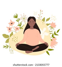 Pregnant woman doing yoga in relaxing state. Meditation asana pose, lotus posture flat vector illustration