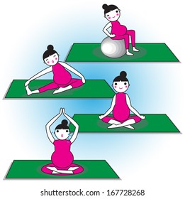 Pregnant woman is doing yoga set illustration