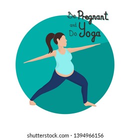 Pregnant Woman Doing Yoga Vector Illustration. Future Mother Practicing Pilates. Female Cartoon Character Meditating in Warrior Pose. Young Lady Exercising, Wearing Pregnancy Sportswear