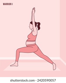 Pregnant Woman doing Yoga warrior I. Virabhadrasana. Flat vector illustration