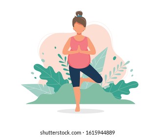 Pregnant woman doing yoga workout. Pregnancy health concept. Cute vector illustration in flat style