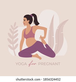 Pregnant woman doing yoga, young healthy girl performing physical exercise, relaxes and meditates. Hand drawn illustration in modern flat cartoon style, pink and violet pastel colors, isolated.