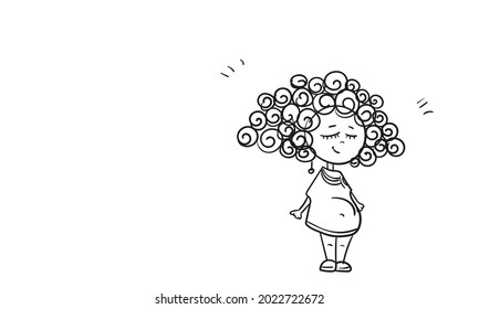 Pregnant woman doodle, Curly hair, standing relaxed with closed eyes, smiling, feeling sensation of future motherhood, happy girl simple cartoon style linear sketch vector illustration