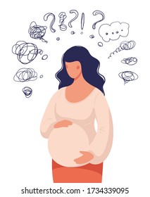 A pregnant woman doubts, is anxious, asks questions. The concept of pregnancy, maternity assistance, family support. Flat vector illustration