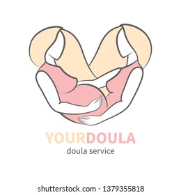 Pregnant woman with doula assistant flat style logo. World Doula Week. Female waiting for a child, babycare, birthing center, maternity home, doula service, mom health, mother silhouette template icon