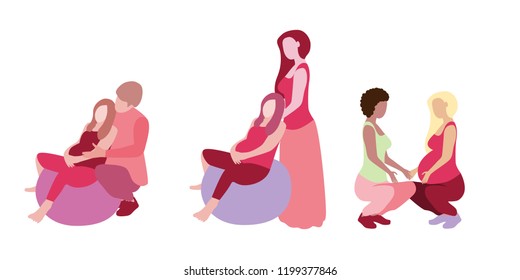 Pregnant Woman With Doula Assistant And Husband In A Modern Cartoon Style. Vector Illustration