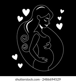 Pregnant woman drawn in line style on black background. Vector illustration. Line art illustration