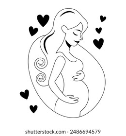 Pregnant woman drawn in line style on white background. Vector illustration. Line art illustration