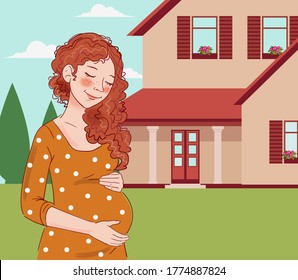 Pregnant woman dreaming about child.  Motherhood and pregnancy vector illustration