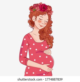 Pregnant woman dreaming about child.  Motherhood and pregnancy vector illustration