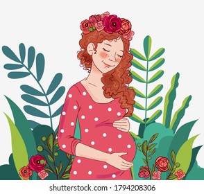 Pregnant woman dreaming about child.  Motherhood and pregnancy vector illustration