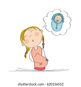 Pregnant woman dreaming of her baby - original hand drawn illustration