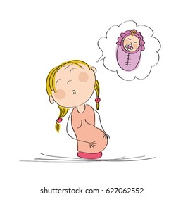 Pregnant woman dreaming of her baby - original hand drawn illustration