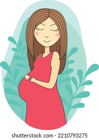 Pregnant Woman With A Dreamy Face In A Pink Dress. Vector Illustration