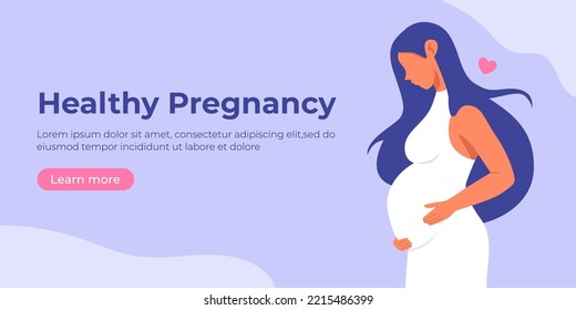 Una mujer embarazada vestida sostiene su vientre. Cartel feliz, saludable de embarazo y maternidad, lugar para texto. Afiche del día de la madre feliz. Ilustración vectorial de dibujos animados planos. Concepto de maternidad