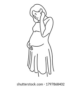Pregnant woman in dress, line art vector illustration
