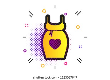 Pregnant woman dress sign icon. Halftone dots pattern. Maternity with heart clothing symbol Classic flat maternity icon. Vector