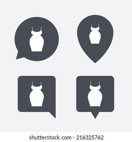 Pregnant woman dress sign icon. Maternity clothing symbol Map pointers information buttons. Speech bubbles with icons. Vector