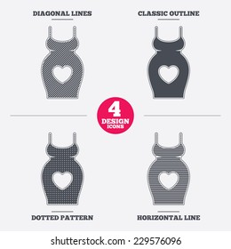 Pregnant woman dress sign icon. Maternity with heart clothing symbol Diagonal and horizontal lines, classic outline, dotted texture. Pattern design icons.  Vector