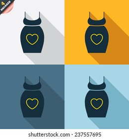 Pregnant woman dress sign icon. Maternity with heart clothing symbol Four squares. Colored Flat design buttons. Vector