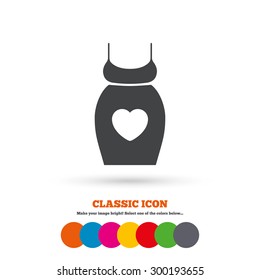 Pregnant woman dress sign icon. Maternity with heart clothing symbol Classic flat icon. Colored circles. Vector