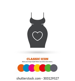 Pregnant woman dress sign icon. Maternity with heart clothing symbol Classic flat icon. Colored circles. Vector