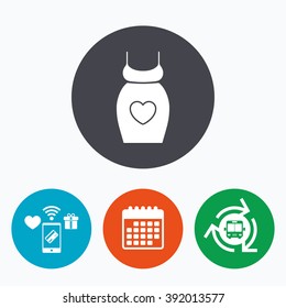 Pregnant woman dress sign icon. Maternity with heart clothing symbol Mobile payments, calendar and wifi icons. Bus shuttle.