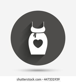 Pregnant woman dress sign icon. Maternity with heart clothing symbol Circle flat button with shadow. Vector