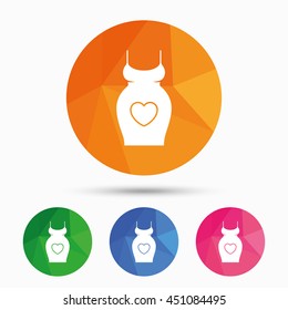 Pregnant woman dress sign icon. Maternity with heart clothing symbol Triangular low poly button with flat icon. Vector