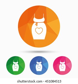 Pregnant woman dress sign icon. Maternity with heart clothing symbol Triangular low poly button with flat icon. Vector