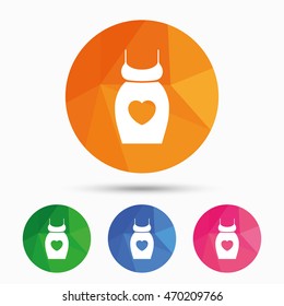 Pregnant woman dress sign icon. Maternity with heart clothing symbol Triangular low poly button with flat icon. Vector