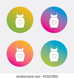 Pregnant woman dress sign icon. Maternity with heart clothing symbol Gradient flat buttons with icon. Modern design. Vector
