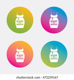 Pregnant woman dress sign icon. Baby on board. Maternity clothing symbol Gradient flat buttons with icon. Modern design. Vector