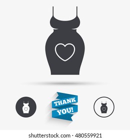 Pregnant woman dress sign icon. Maternity with heart clothing symbol Flat icons. Buttons with icons. Thank you ribbon. Vector