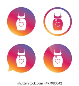 Pregnant woman dress sign icon. Maternity with heart clothing symbol Gradient buttons with flat icon. Speech bubble sign. Vector