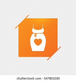 Pregnant woman dress sign icon. Maternity with heart clothing symbol Orange square label on pattern. Vector