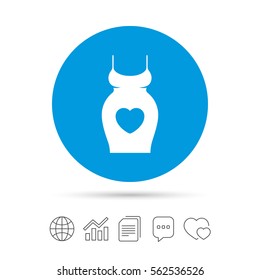 Pregnant woman dress sign icon. Maternity with heart clothing symbol Copy files, chat speech bubble and chart web icons. Vector
