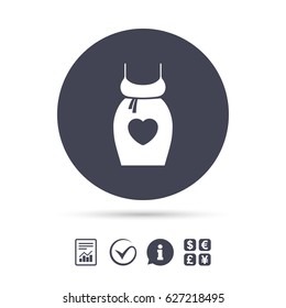 Pregnant woman dress sign icon. Maternity with heart clothing symbol Report document, information and check tick icons. Currency exchange. Vector