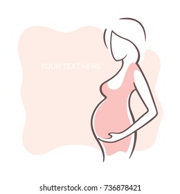 Pregnant woman in a dress. Young girl - mother. Medical bulletin. Vector illustration, the form for the text. Flyer, banner, poster for design