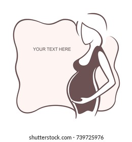 Pregnant woman in a dress. Young girl - mother. Medical bulletin. Vector illustration, the form for the text. Flyer, banner, poster for design
