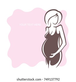 Pregnant woman in a dress. Young girl - mother. Medical bulletin. Vector illustration, the form for the text. Flyer, banner, poster for design