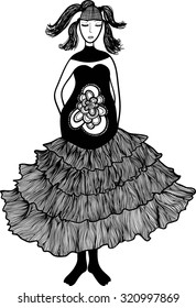 Pregnant woman dressed in black. Hand drawn vector illustration. 