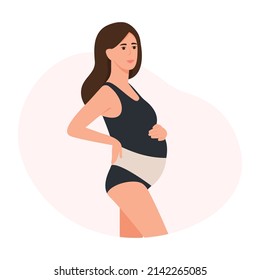 Pregnant woman dresses bandage on belly. Orthopedic abdominal support belt. Vector illustration