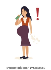 Pregnant woman drink alcohol. Young mother with addiction. Vector illustration