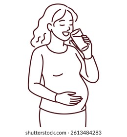 Pregnant woman drinking juice, holding belly with one hand, staying hydrated and focused on healthy nutrition during pregnancy. Line without colour
