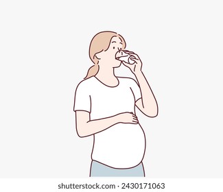 La mujer embarazada bebiendo agua. Ilustraciones de diseño vectorial de estilo dibujado a mano.