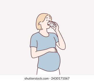 The pregnant woman drinking water. Hand drawn style vector design illustrations.