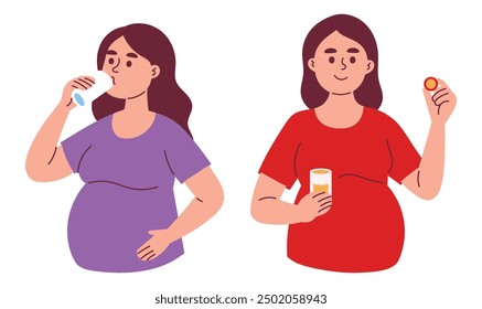 Pregnant Woman Drinking water and Taking Medicine