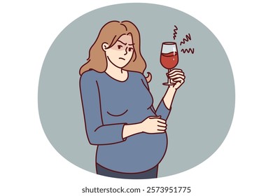 Pregnant woman drinks alcohol unknowingly causing harm to unborn child. Pregnant girl with glass of wine or alcoholic cocktail needs consultation about dangers of bad habits for expectant mothers